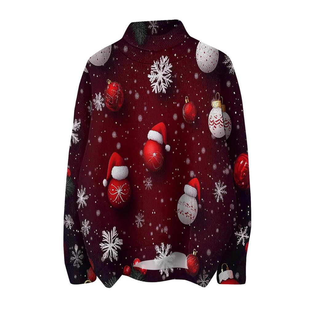 Женская мода, повседневная водолазка с круглым вырезом и длинными рукавами, с рождественским принтом, трикотажный топ