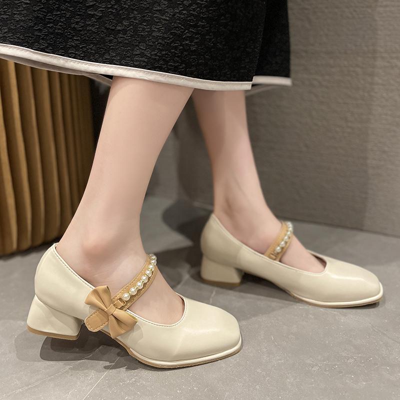 Fashion New Square Toe Thick Heel Shallow Mouth Bowknot Pearl Decoration Elegant Women's Shoes Sexy Fashion Casual Party Low Heels