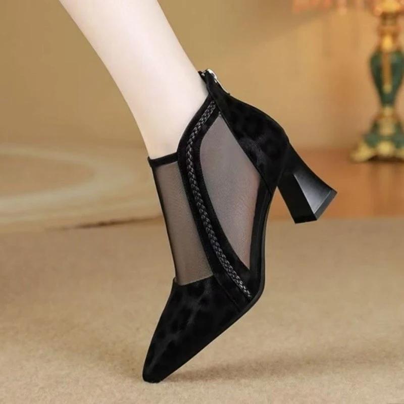 Fashion 2025Women's Fashion Pointy Splicing Mesh Fabric Back Zipper Soft Sole Anti-slip Wear-resistant Short High Heel Boots