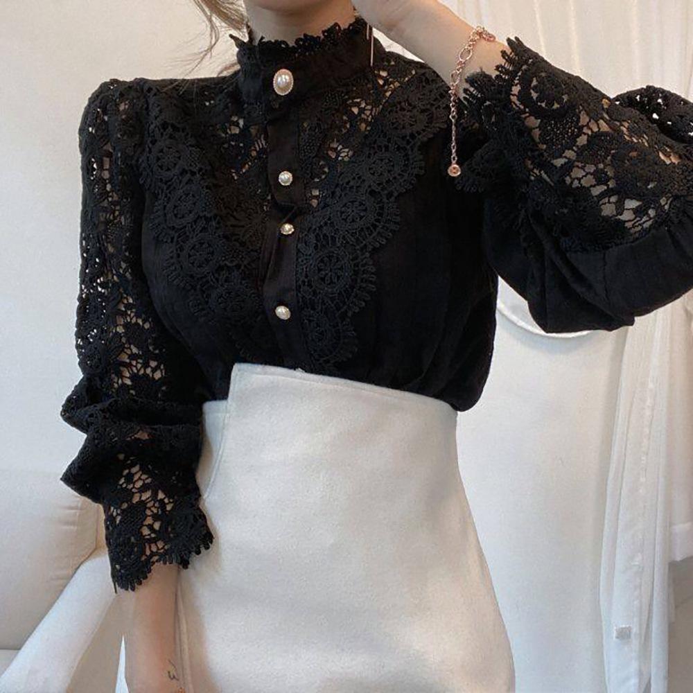 2023 Summer Lace Hollow Long-Sleeve Stand Collar Cotton Women's Shirt