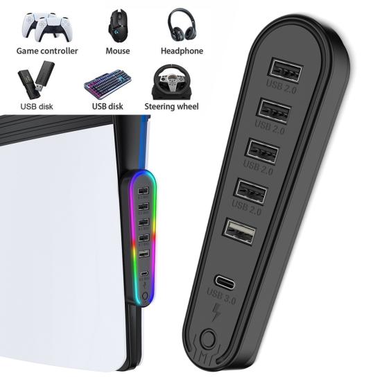 6-портовый USB-концентратор с RGB-подсветкой, подключение и использование без установки драйверов, удобная передача данных, пользовательский интерфейс. USB-концентратор расширения для PS 5 Pro/PS5 Slim.