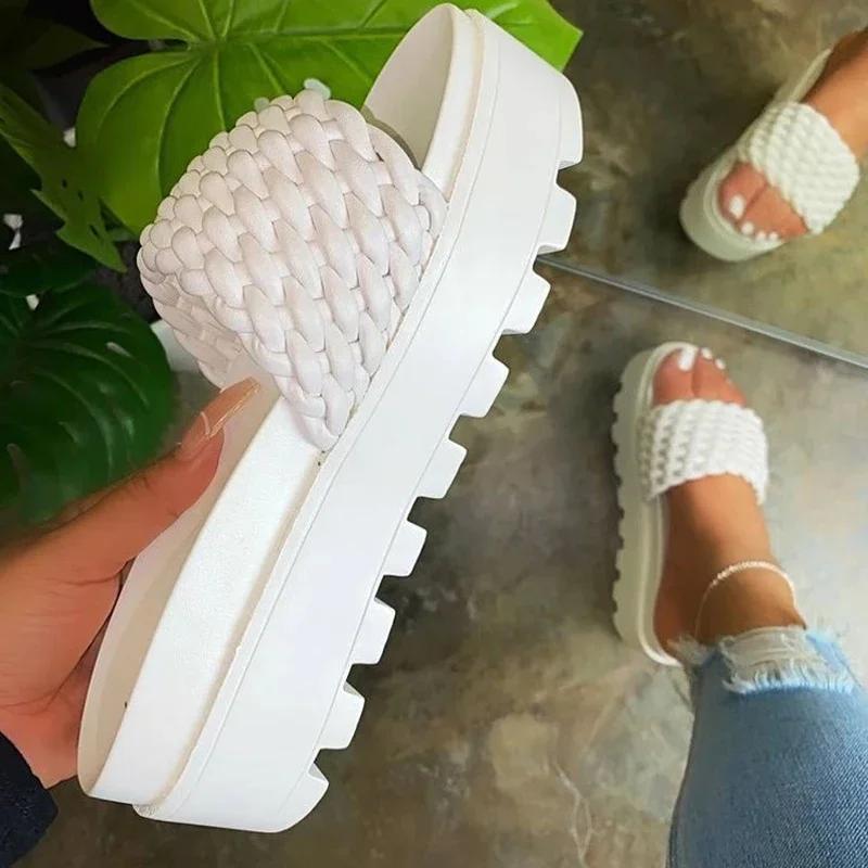 Summer New Women's High-heeled PU Slippers Rubber Super Thick-soled Slippers Woven Pattern Female Sandals