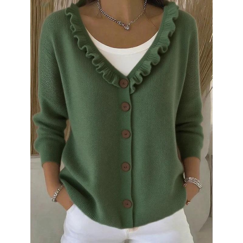 Women S Ruffled V Neck Solid Color Knit Cardigan Casual Autumn Winter Sweater Coat