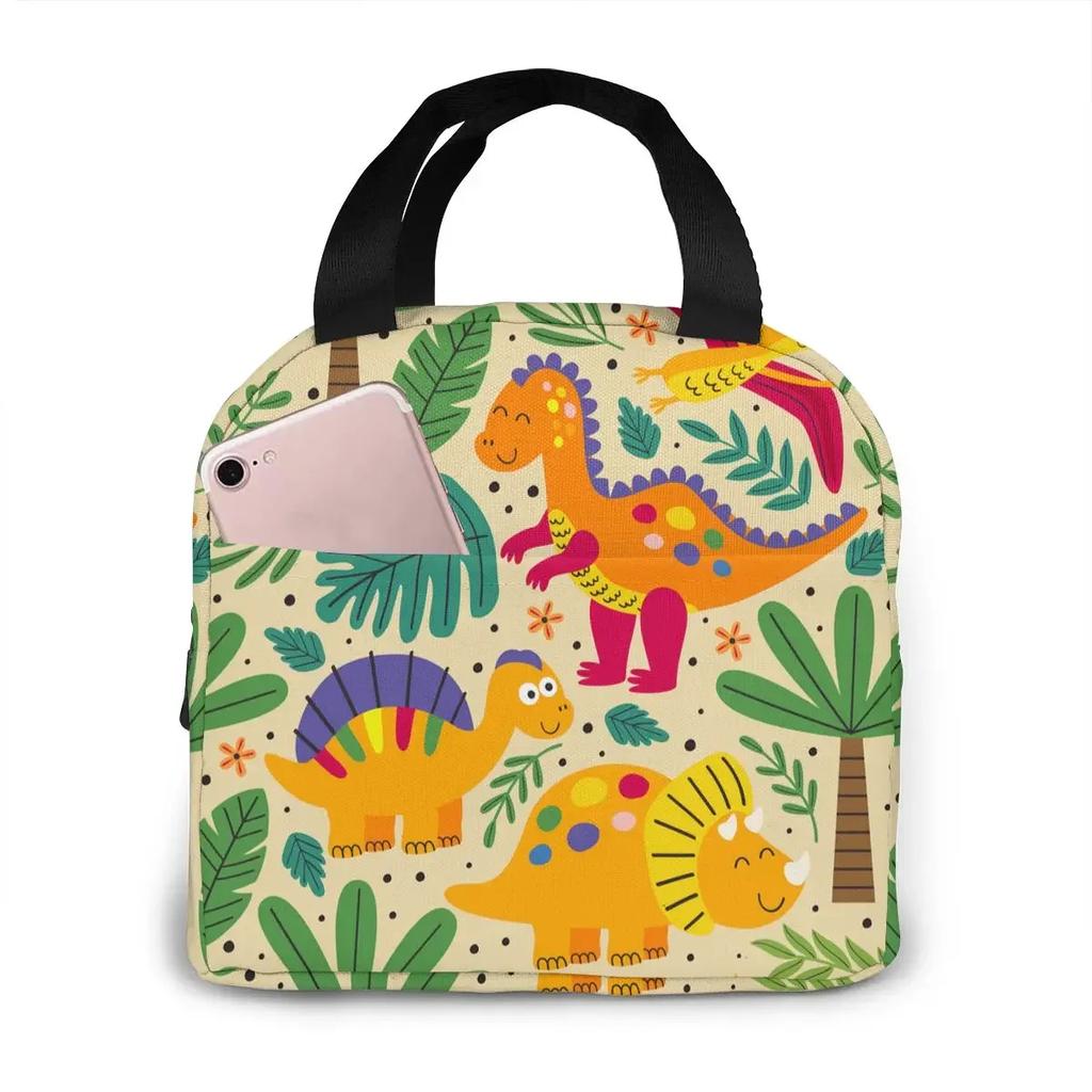 Cartoon Dinosaur Canvas Portable Cooler Lunch Bag Fashion Thermal Insulated Food Bags Food Picnic Lunch Box Bag for Adult Kids