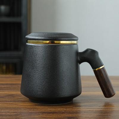 Керамическая чайная чашка с крышкой, чашка для разделения чая, фильтр, чашка для воды, креативная чашка с деревянной ручкой, офисная чашка, подарочная чашка