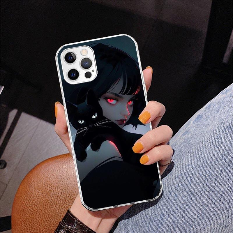 Милый черный кот Аниме Девушки Чехол для телефона Для iPhone 17 Air 16 Pro Max 16E 15 + 14 Plus 11 12 13 Mini 7 8 SE Подарок Печатная Крышка Fundas