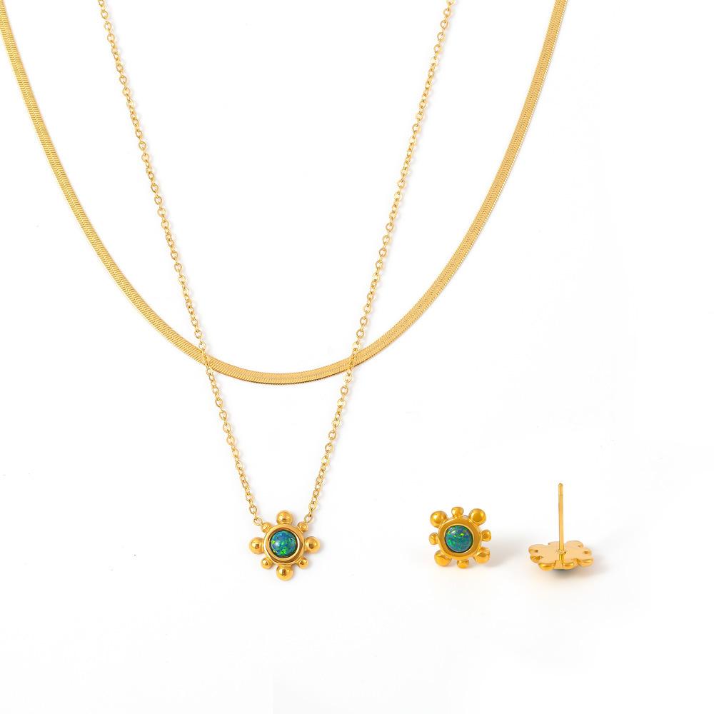 Small and Exquisite Sunflower Natural Gemstone Stud Earrings, Collarbone Necklace, Titanium Steel Plated 18k Real Gold Stacking Set
