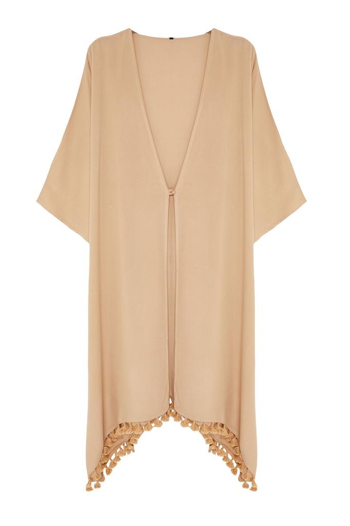 Women's Style Plus Size Beige Kimono & Kaftan with Tassel Hem