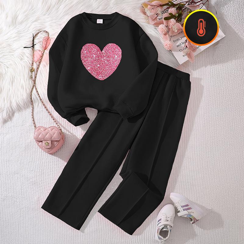 Spring and Autumn Love Pattern Long Sleeve Hoodie Long Pants Casual Two Piece Set Girl's Clothing Sets