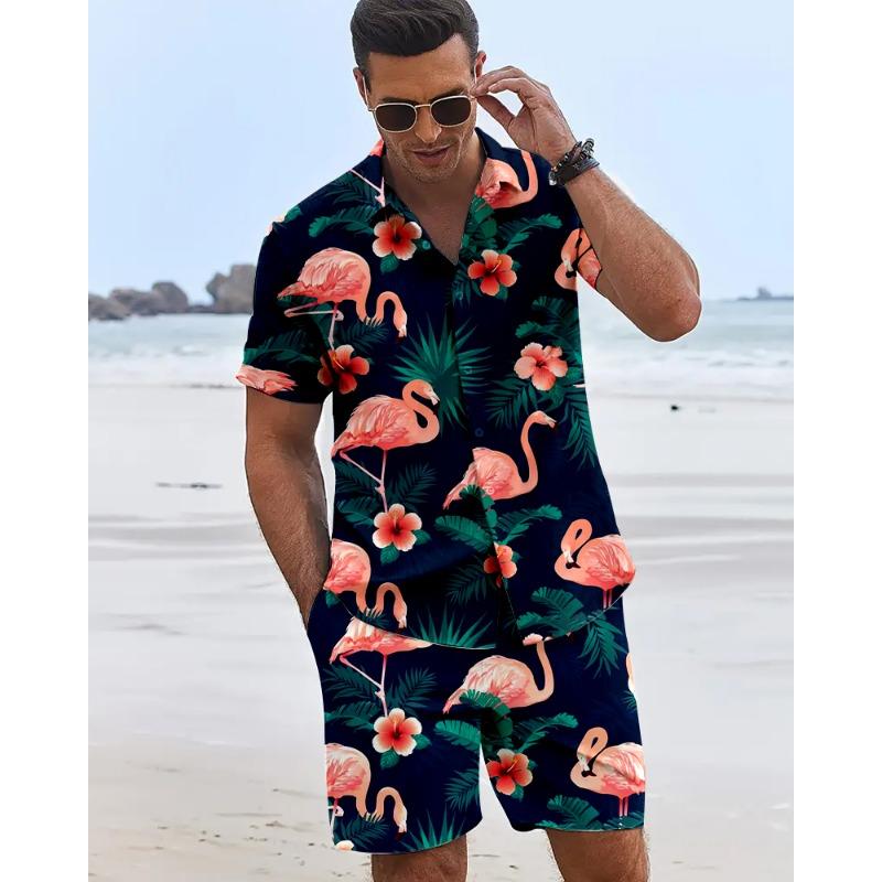 Men's 3D Flamingo Printed Shirts Hawaiian Beach Vacation Short Sleeve Shorts 2 Piece Summer Hip Hop Trend Fashion Men Sets