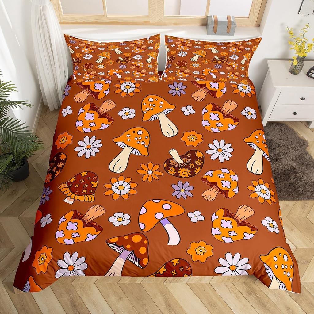Retro 60S 70S Groovy Flower Duvet Cover,Colorful Hippie Floral Bedding Set Queen,Cartoon Rainbow Mushroom Daisy Comforter Cover