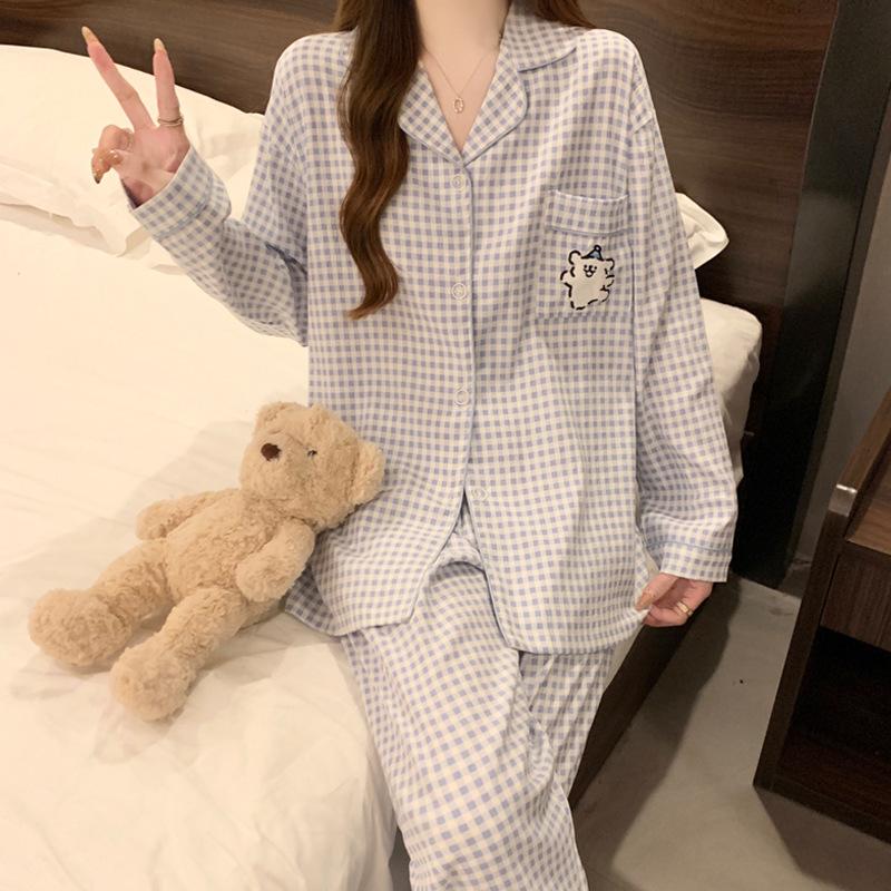Женский костюм-пижама в клетку с щенками Girls Line, тонкий, с длинным рукавом, из облачного хлопка, для дома