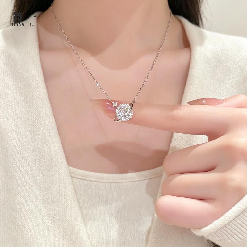Sparkling Diamond Star Necklace: 999 Sterling Silver, Luxury Zirconia Planet Pendant, Clavicle Chain
