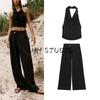 Hanging Collar Sleeveless Elegant Tops 3564127 Cross Waist Wide Leg Comfort and Casual Pants 3564128