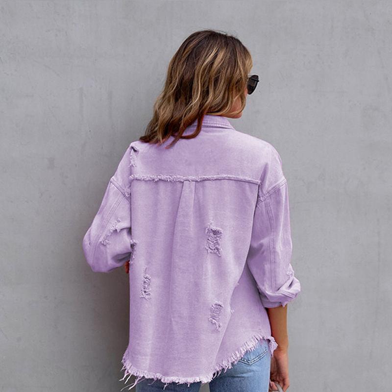 Женская джинсовая куртка средней длины с необработанными краями и отверстиями, осенне-зимняя, повседневная, с длинными рукавами и лацканами