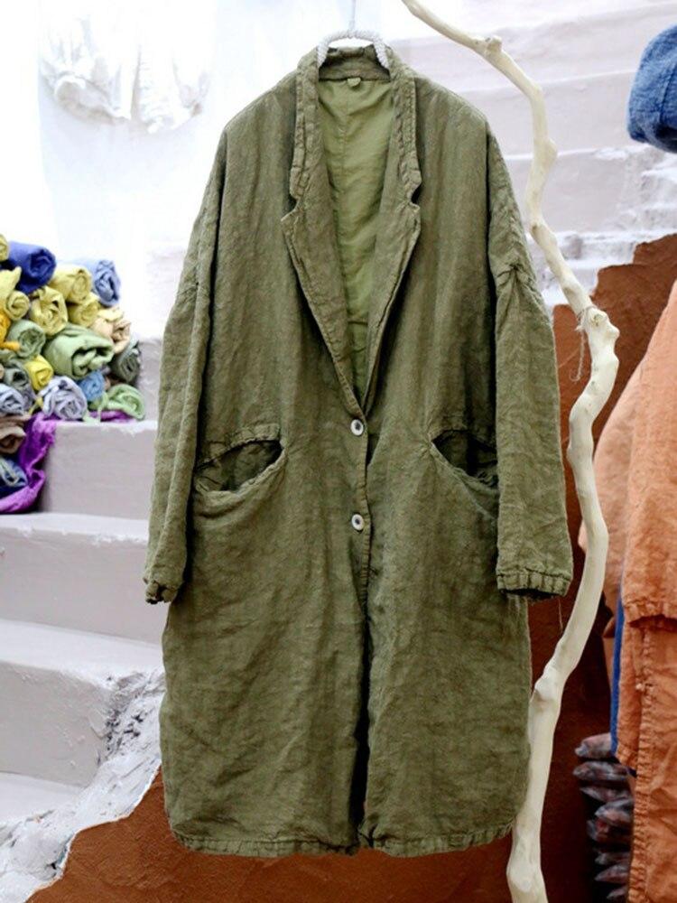 Johnature Women Linen Casual Loose Coats Solid Color Simple Korean Style Long Sleeve Clothes Spring Button Coat