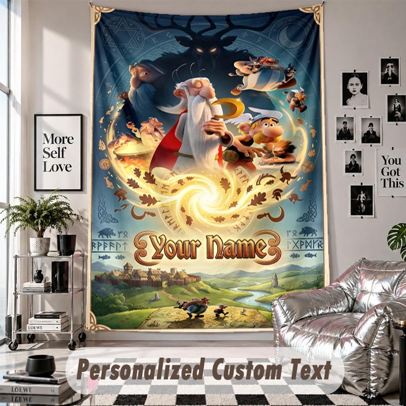 Wall Hanging Tapestry With Custom Name & Text, Asterix & Obelix Decorative Tapestry For Bedroom