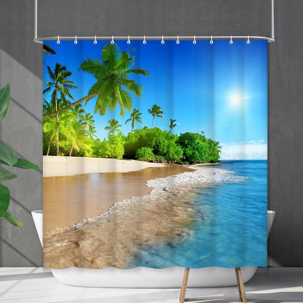 Shower Curtain Waterproof And Mildew-Proof Coconut Tree Beach Beach Bathroom Shower Curtain Shower Curtain Partition Curtain Free Punching