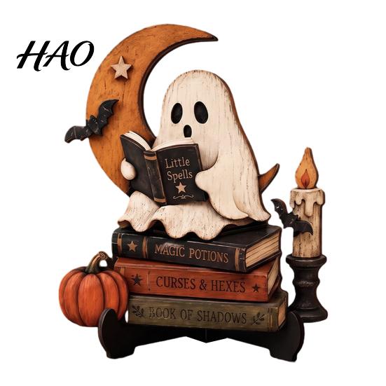 Unique Halloween Gift for Friends Reading Ghost Figurine, Retro Wooden Statue, Vintage Desktop Interior Ornament with Stacked Book Home Office