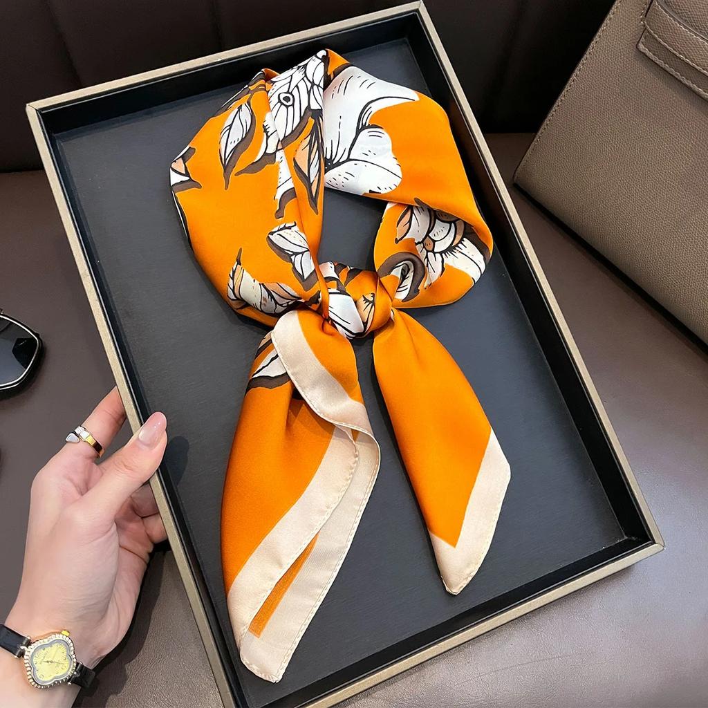 Elegant Floral Scarf Women Imitation Silk Neckerchief Foulard Female Hairbands Echarpe Shawls Wraps Bandanas