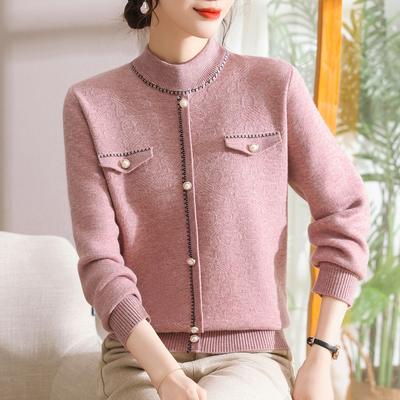 Одежда для женщин среднего возраста на осень и зиму, пуловер с полувысоким воротником, в зарубежном стиле, бархатный, утолщенный, вязаный, базовый топ