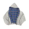 Grey Hooded Zipper Sweatshirt with Plaid Shirt Lining Layered Look