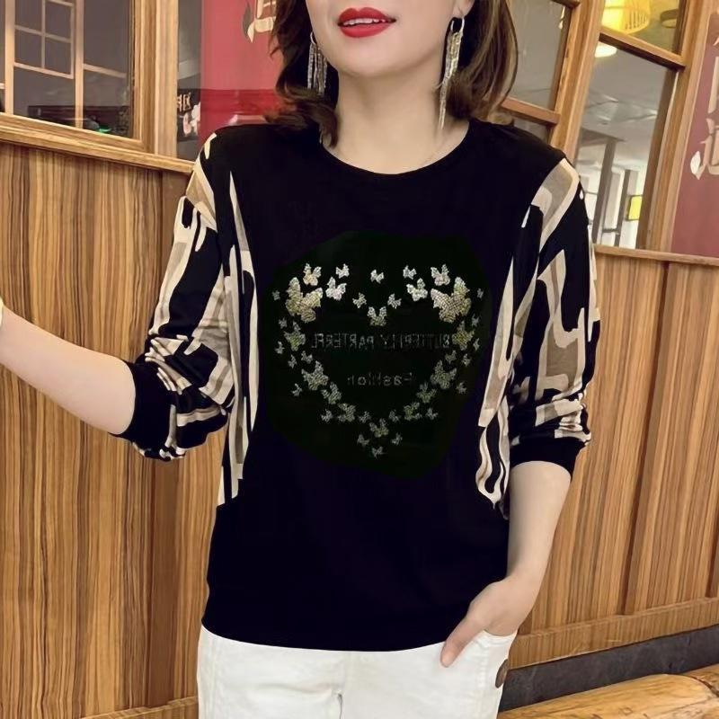 Ice Thread Новая модная футболка с длинными рукавами и круглым вырезом большого размера, утягивающий топ с бриллиантами для женщин среднего возраста