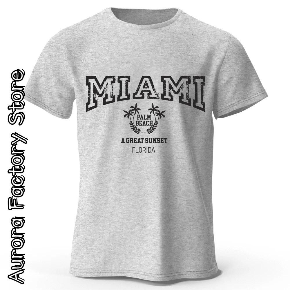 MIAMI Printing T-Shirt Summer Men Casual Cotton O-Neck Tops Tees Male Fashion Camiseta Short Sleeve Clothing Vintage Streetwear