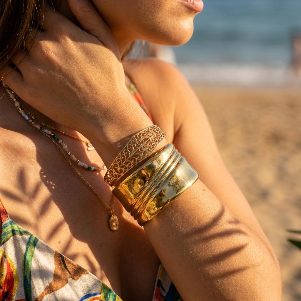 Minimalist High Polish Wide Striped Cuff Bangle for Women Gold Color Stainless Steel Waterproof Boss Lady Statement Bracelet