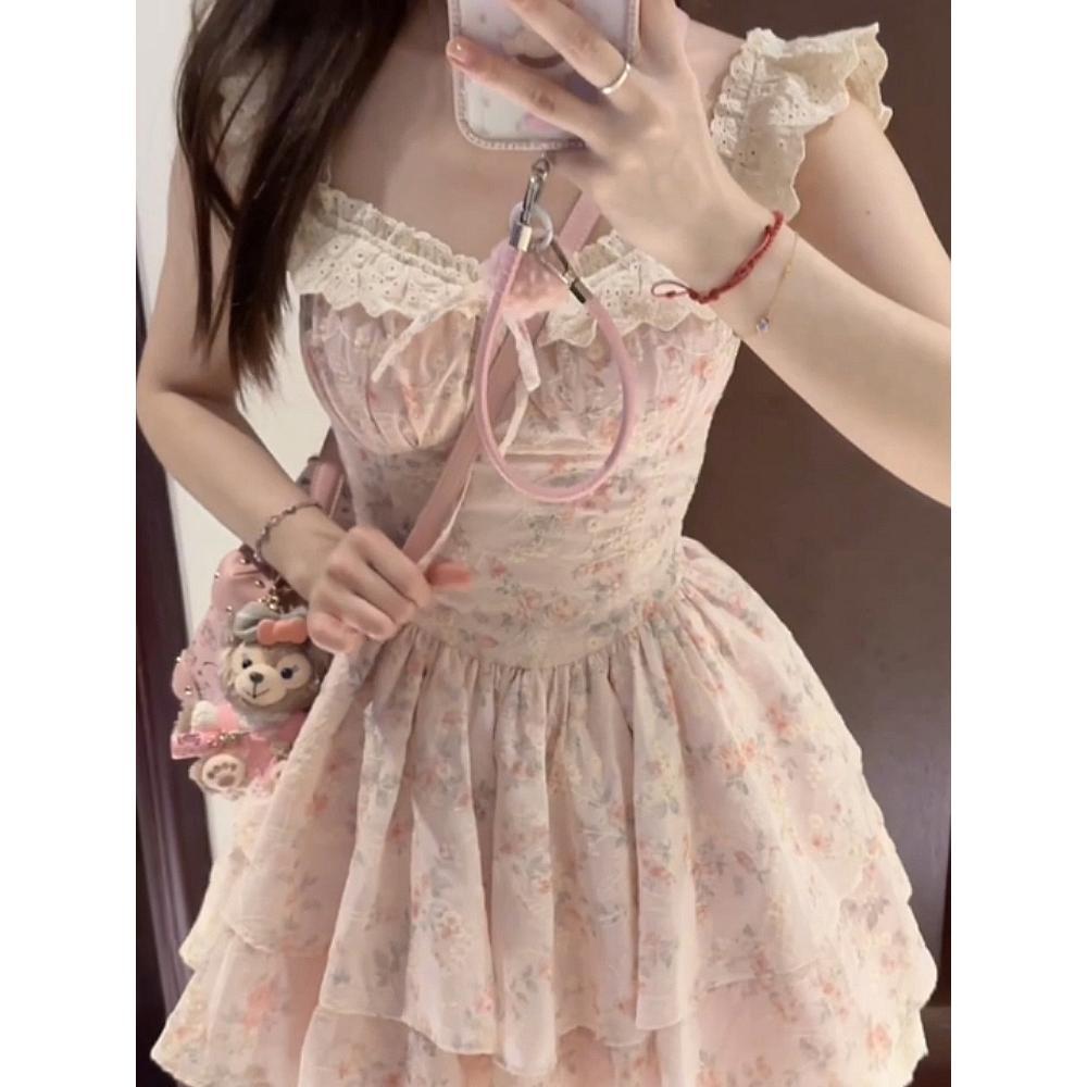 Summer First Love Sweet Wind Small Flying Sleeves Lace Splicing Floral Waist Dress Waist Princess Puffy Short Skirt