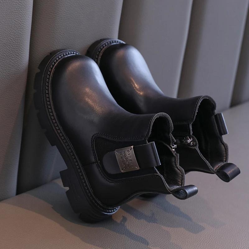 New Kids Short Boots Autumn Winter Versatile Girls Causal Ankle Boots Thick Bottom Fashion Children Side Zipper Leather Boots