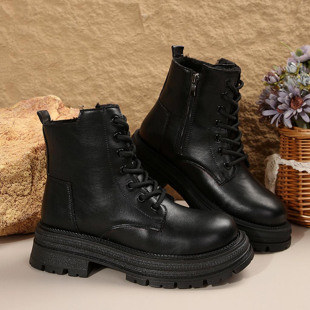 Outer Size New Thick-soled Lace-up Short Martin Boots Women's Cross-border Large-size Velvet Leather British Style Warm Cotton Shoes