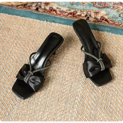 Модные женские шлепанцы на высоком каблуке с бантом и стразами, из атласного материала, женская обувь для сексуального платья, модные летние модели, Sandalias De Mujer