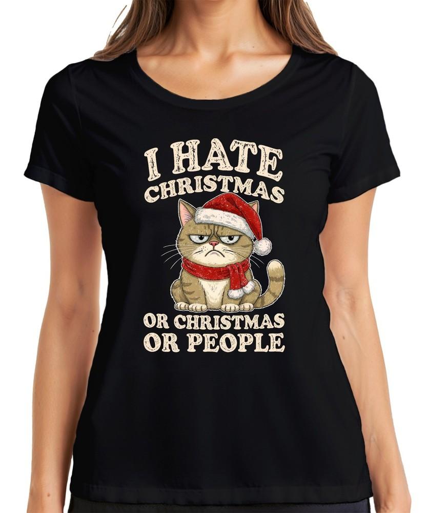 I Hate Christmas Or Christmas Or People Funny Cat Sarcastic Ladies TShirt