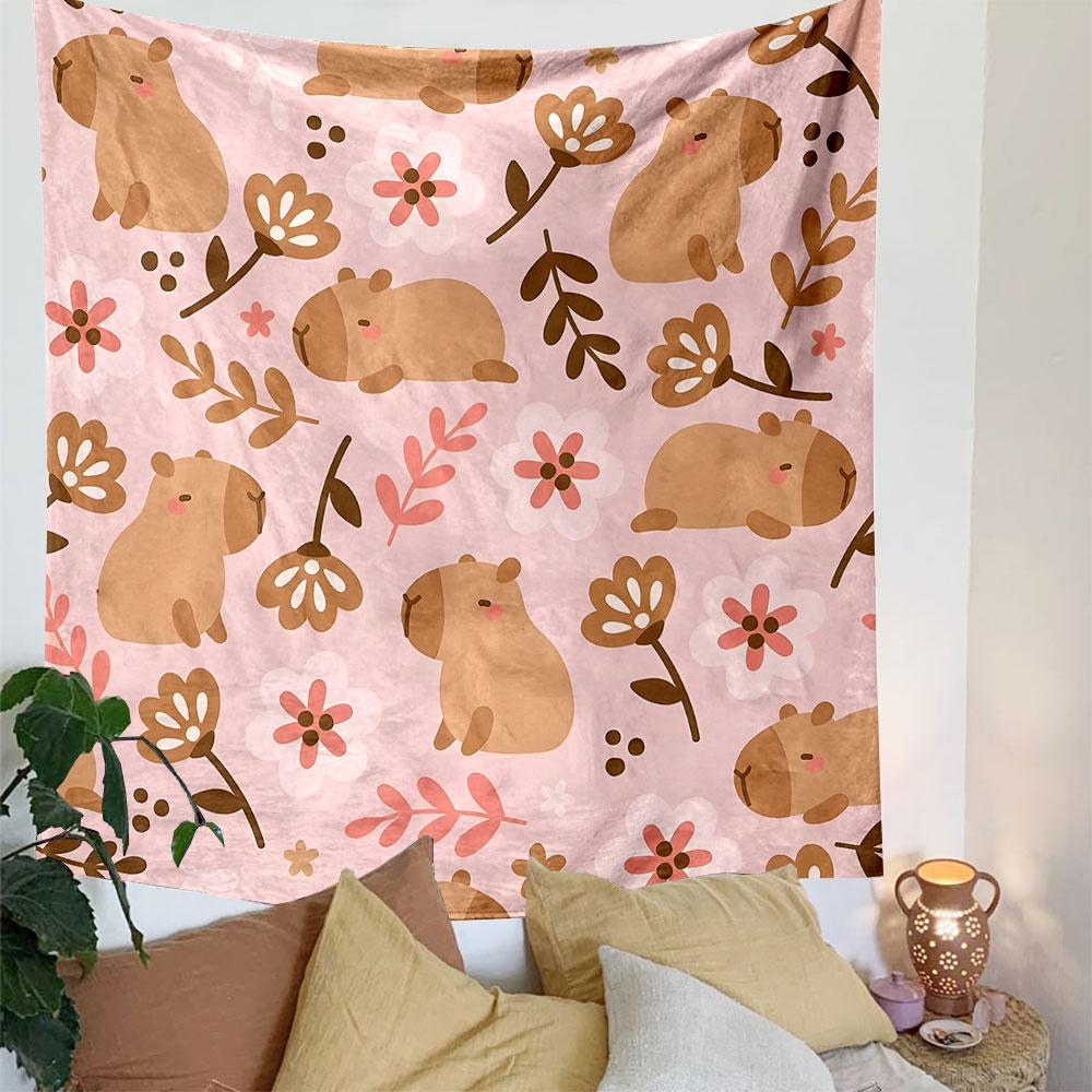 Cute Capybara and Floral Pattern Design Patterned Tapestry Decorative Wall Hanging, Home Bedroom Living Room Decor