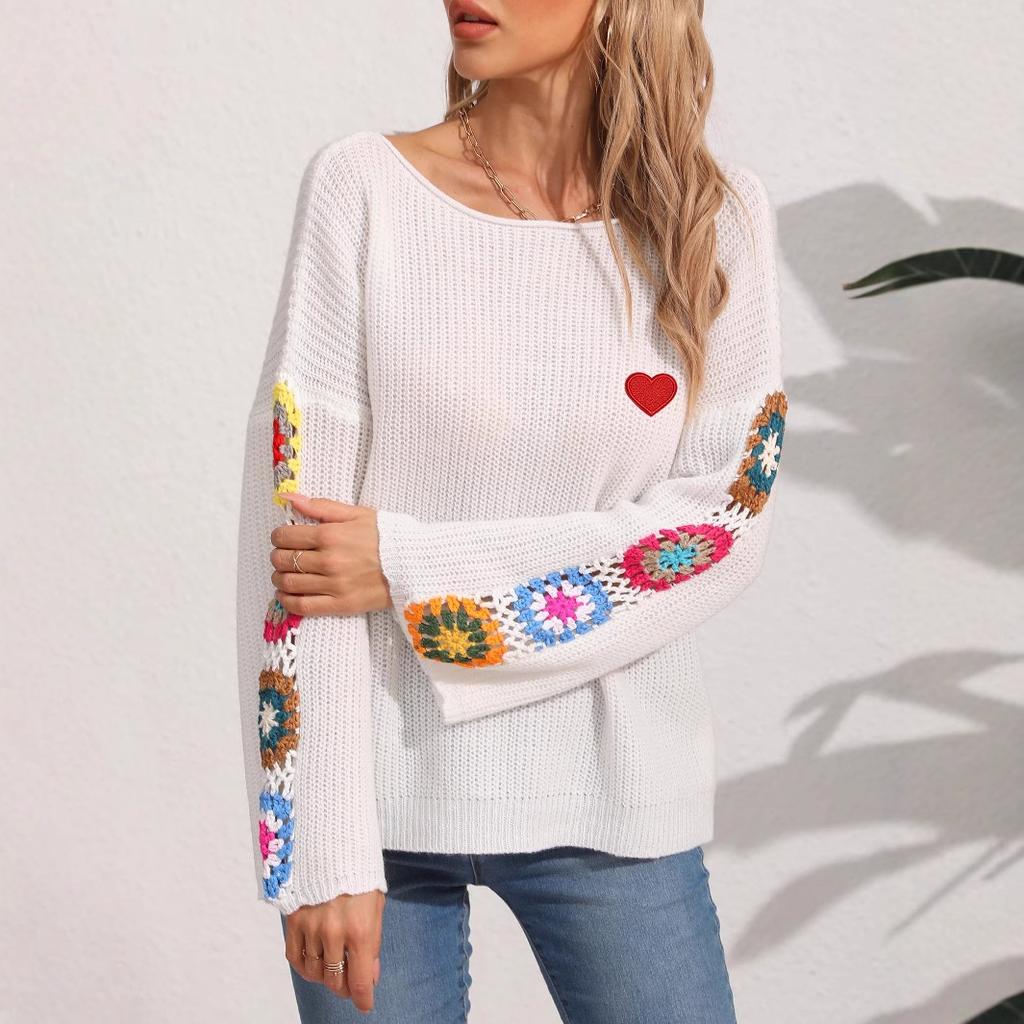 Women’s Pullover: Autumn/Winter Women’s Off-the-Shoulder, Loose-Fit Top with a Straight Neckline – Random Assortment of Colours, Crocheted Design