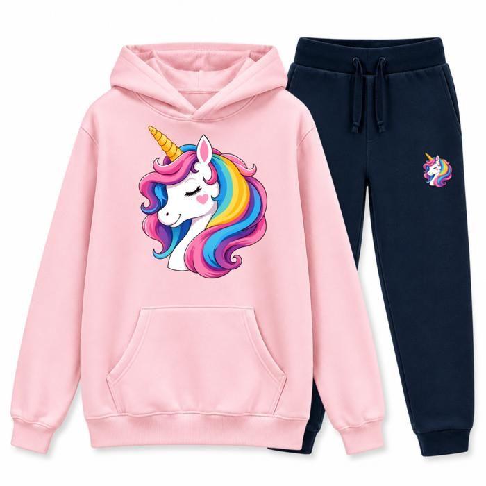 Survêtement Fille Licorne - Sweat à Capuche et Pantalon Bleu Marine Taille 3 à 14 ans - Rose