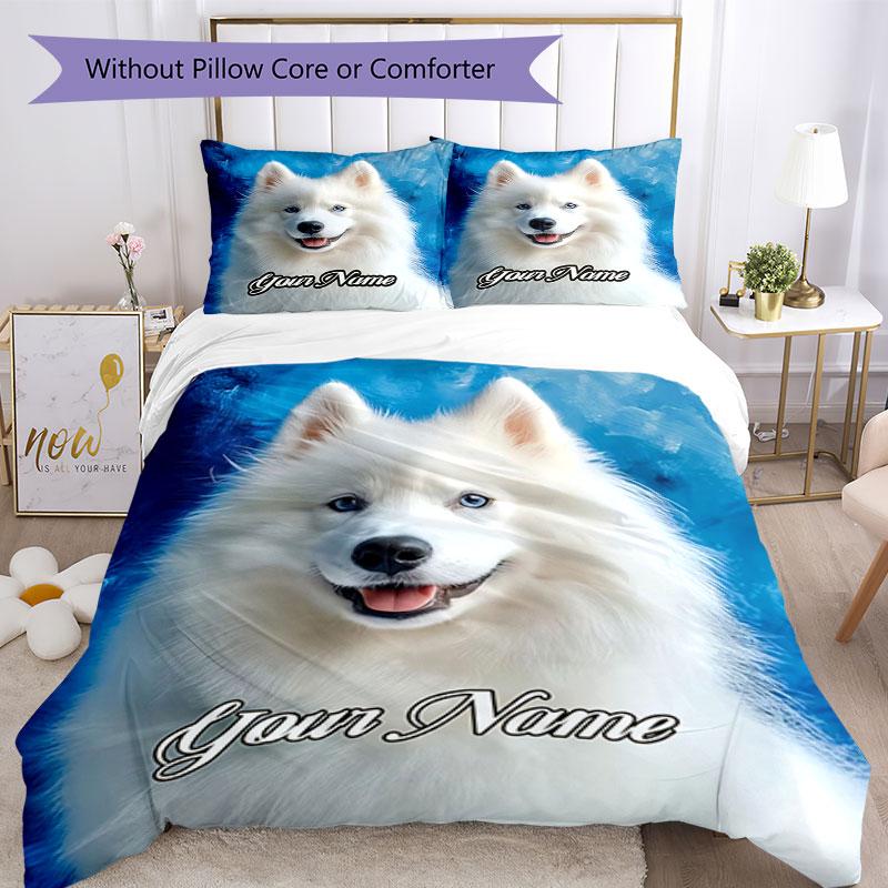 3PC Custom Name "White Dog Portrait" Bedding Set Printed Bedding Set Duvet Cover Closure Includes 1 Duvet Cover & 2 Pillowcases for All Seasons Bedroo
