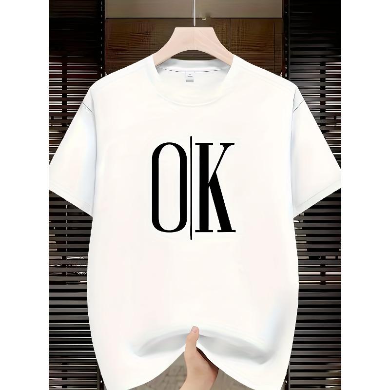 Мужская футболка с графическим принтом "OK" - Дышащая летняя повседневная, Смелый дизайн с буквами, для активного отдыха и повседневной одежды, Свободный летний спортивный стиль
