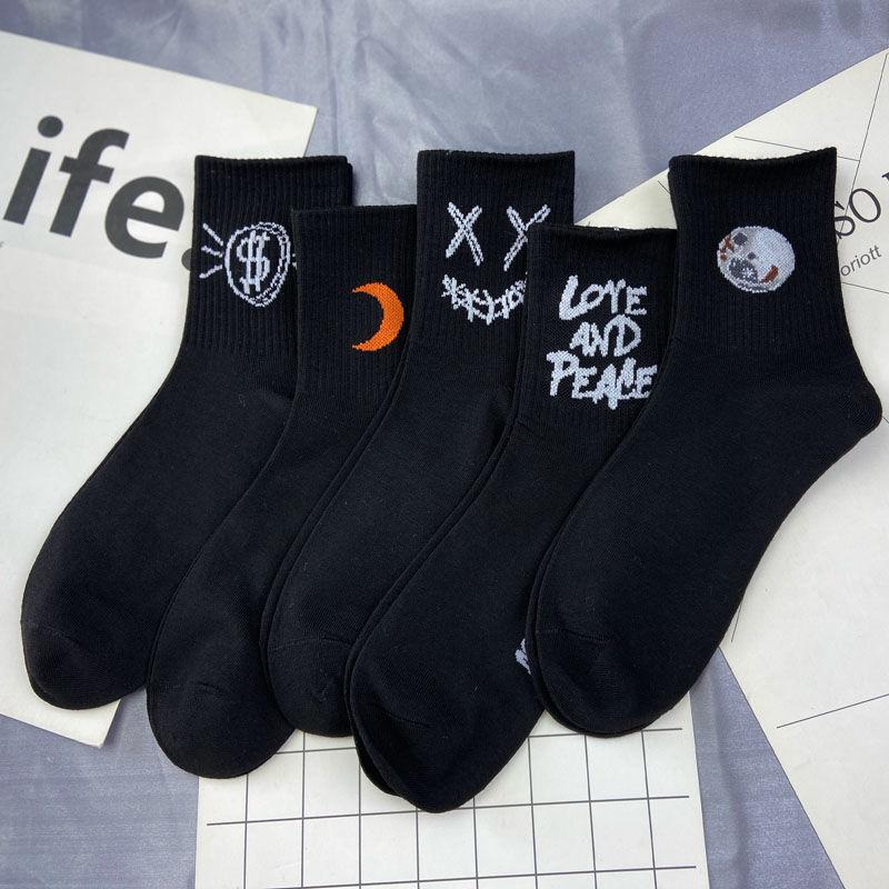 5 пар мужских хлопковых носков для скейтборда в стиле хип-хоп, носки с мультяшным узором, дышащие мягкие носки-трубочки