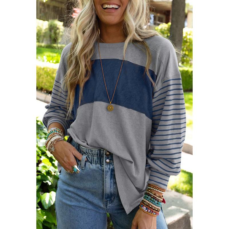 Весенняя повседневная полосатая свободная футболка с круглым вырезом для женщин, осенняя футболка с длинным рукавом больших размеров для женщин, модная элегантная простая офисная женская футболка 25782