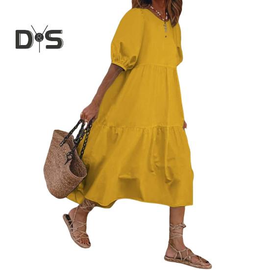 Женское летнее платье миди с короткими рукавами-фонариками и круглым вырезом, льняное платье, свободное повседневное бохо-пляжное платье