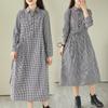 2025 осень новое ретро литературное среднее и длинное клетчатое хлопковое и льняное платье с тонкой талией рубашка юбка женская