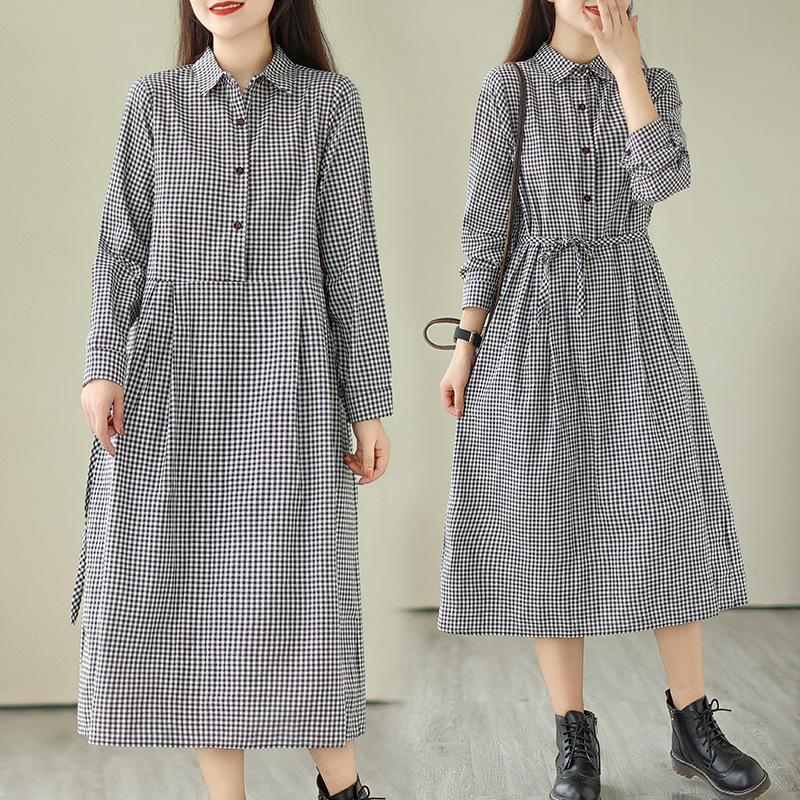 2025 осень новое ретро литературное среднее и длинное клетчатое хлопковое и льняное платье с тонкой талией рубашка юбка женская