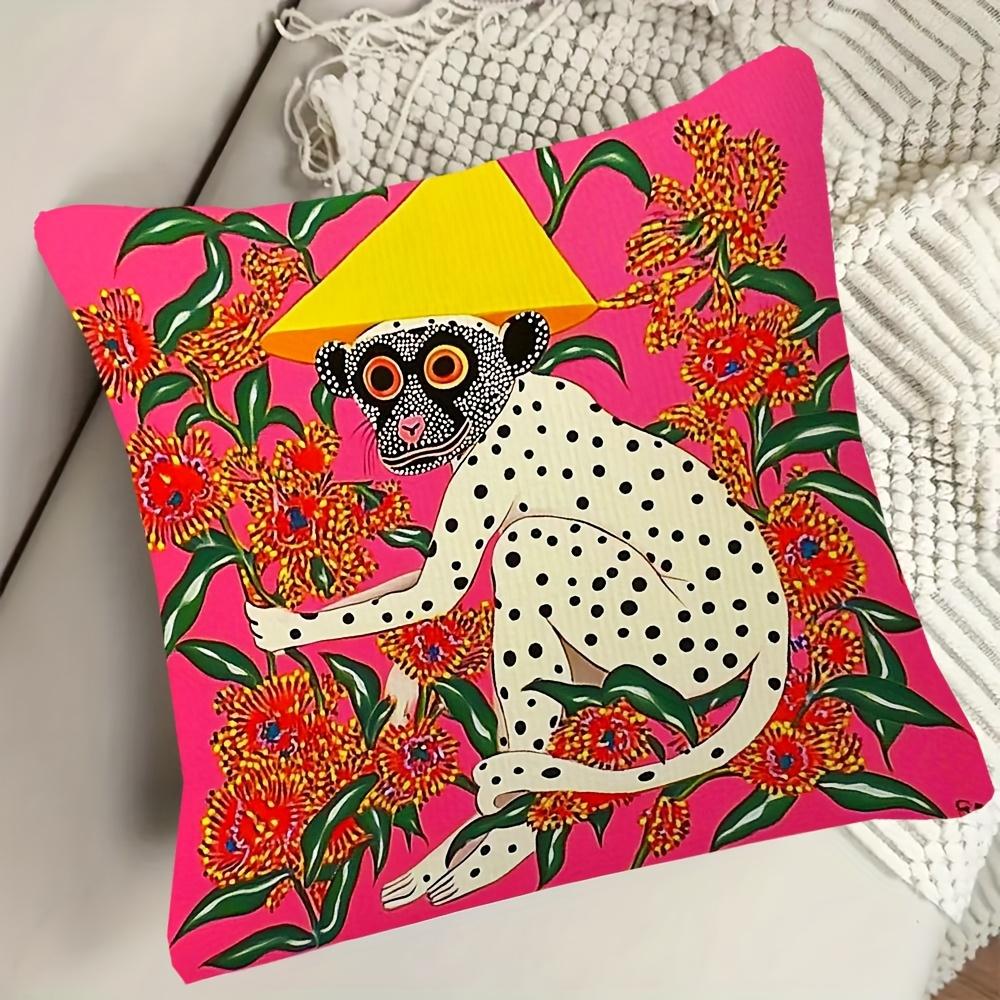 2D flat- Vibrant Polka Dot Monkey Throw Pillow Cover Bohemian Floral Jungle Decorative Cushion Case for Sofa Bedroom Living Room