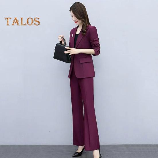 Женский комплект из 2 предметов: пальто и брюки, отложной воротник, длинные рукава, пиджак, облегающий крой, однотонные расклешенные брюки, повседневная одежда для поездок на работу и в офис
