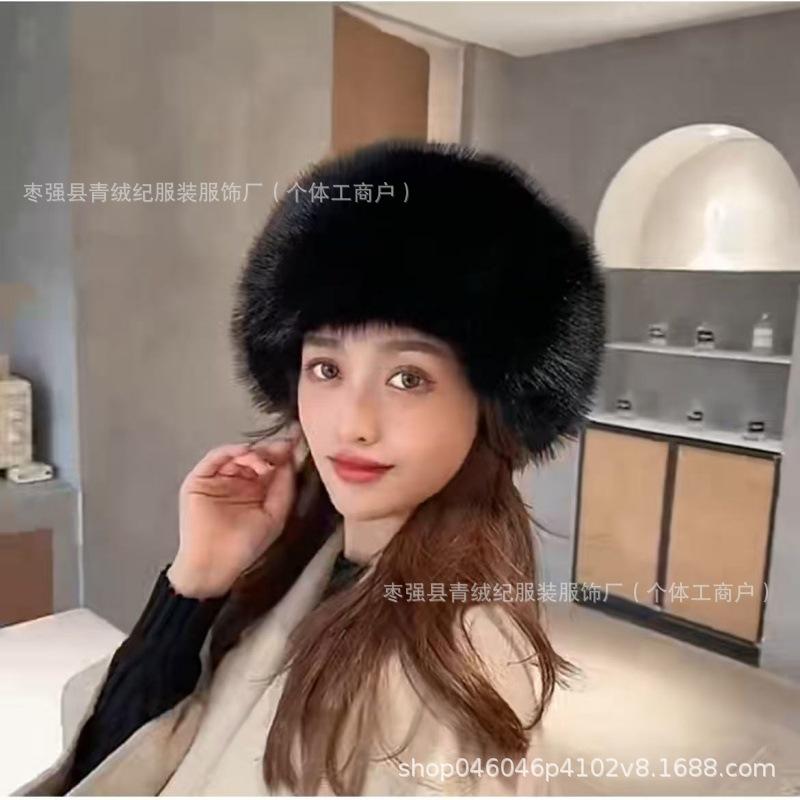 Autumn and winter hats are fashionable and versatile, windproof and warm, topless Mongolian hats, imitation fox fur hat rings, plush hair accessories