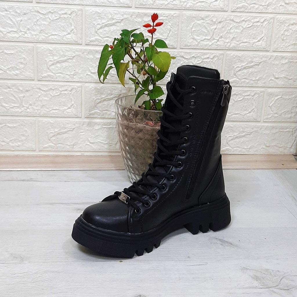 Черные кожаные женские ботинки Grijak на молнии и шнуровке