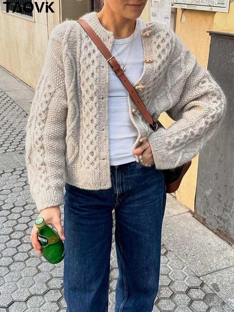 TAOVK Свободный вязаный кардиган на пуговицах для женщин, повседневный теплый свитер с круглым вырезом и длинными рукавами, повседневный женский шикарный однотонный трикотаж