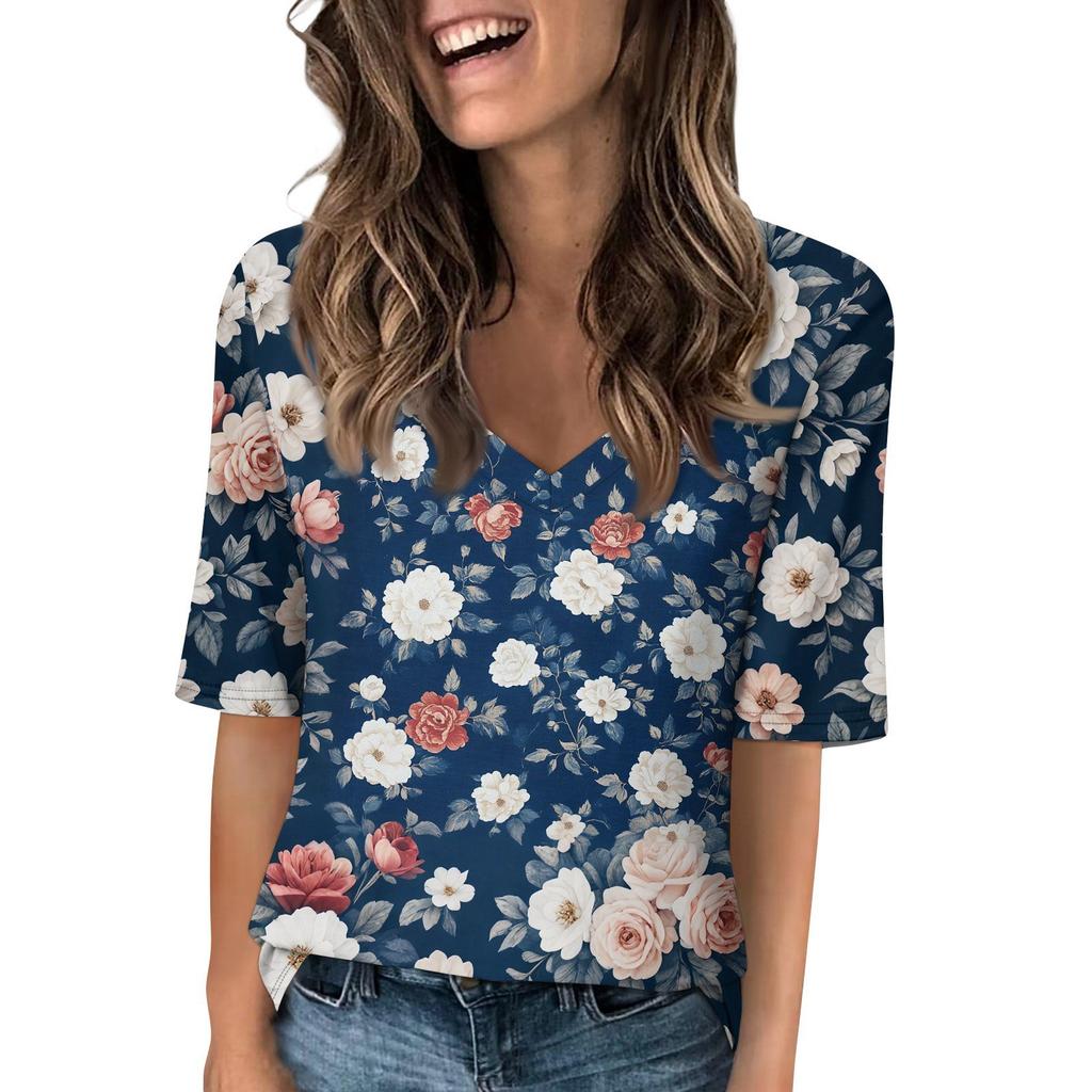 Shirts For Women Trendy V Neck T Shirts Casual Printed Blouse Half Sleeve Tops For Women
